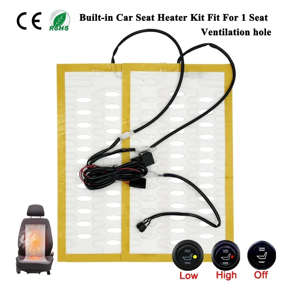 Universal 12V Built-in Car Seat Heater Kit with Hi /Lo 2-Level Switch and 25W Alloy Wire Fast Heating Pads with Ventilation Hole