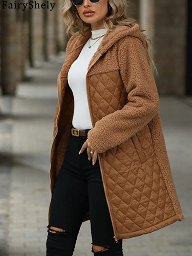 FairyShely 2025 Winter Solid Women Jacket Thick Plush Hooded Warm Long Sleeve Long Coat Soft Zipper Patchwork Outwear Lady Coat