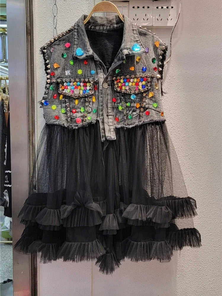 Women Rainbow Color Diamonds Beaded Mesh Ruffles Splice Jeans Jacket Multi-layers Mesh Rhinestone Denim Vests Cardigan Tank Tops