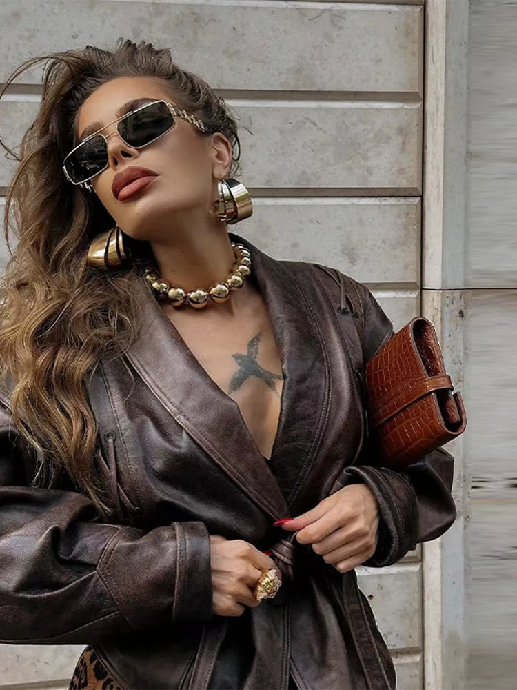 Street Solid Color Lace Up Leather Jacket Woman Waist Cinching Long Sleeves Lapel Coat Casual Versatile Women's New Chic Jackets
