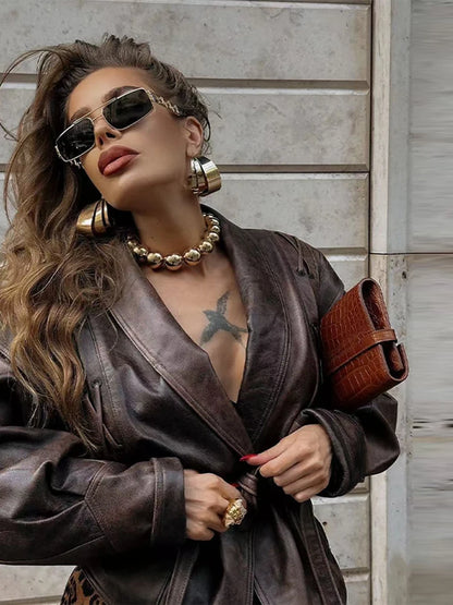 Street Solid Color Lace Up Leather Jacket Woman Waist Cinching Long Sleeves Lapel Coat Casual Versatile Women's New Chic Jackets