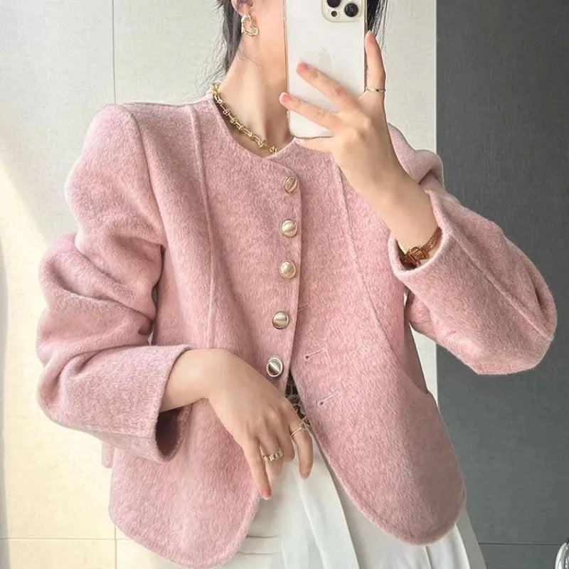 Women's New Round Neck Single-breasted Double-sided Tweed Coat Fashionable Casual and Versatile Elegant Top