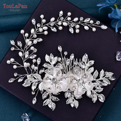 YouLaPan Crystal Leaves Hair Comb Bridal Wedding Hair Accessories Handmade Fashion Woman Rhinestone Flower Headwear HP621