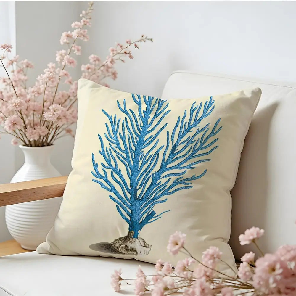 Cushion Cover  Linen  Skin-Friendly Soft Decorative Case For Sofa Home Decor Blue Sea Creature Coral Shrimp Pillow cover