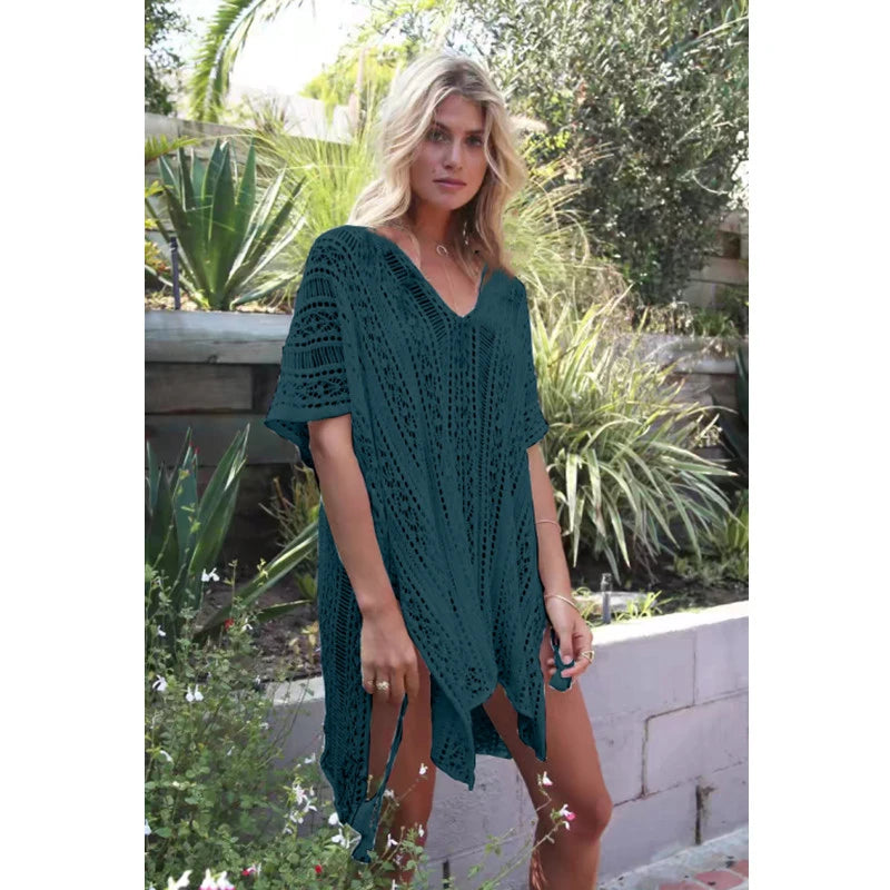 Knit Hollow Out Dress Without Bikini, Long Sleeves Round Neck See Through Crochet Cover Up Dress, Women's Swimwear & Clothing