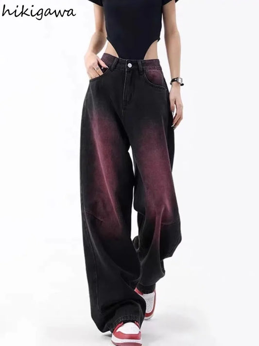 Contrast Color Y2k Wide Leg Pants for Women Harajuku Jeans Fashion Vintage Trousers Straight Casual Pantalon Femme New Bottoms