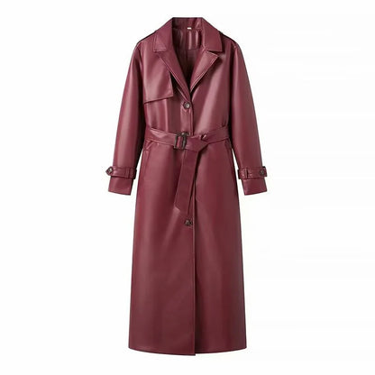 Vintage Pu Leather Extra Long Trench Coat Women Lapel Single-breasted Overcoat With Belt 2025 New Autumn Winter Lady  Outwear