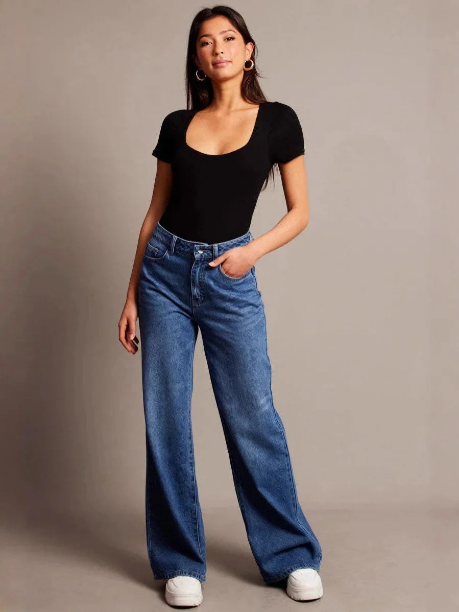 High Waist Wide Leg Denim Jeans Women's Loose Splicing Long Pants Street Style Vintage Washed Loose Jeans Fashionable Women's Cl