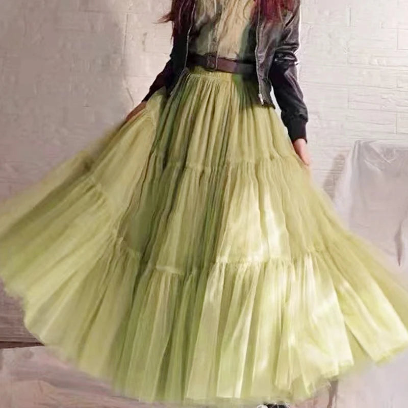 Autumn Fairy Puffy Maxi Long Gauze Skirt Cakee Patchwork A-line Layered Tulle Ankle Long Skirts Green Burgundy