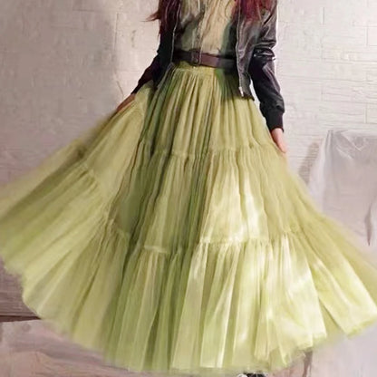 Autumn Fairy Puffy Maxi Long Gauze Skirt Cakee Patchwork A-line Layered Tulle Ankle Long Skirts Green Burgundy