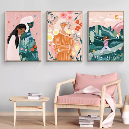 Abstract Colourful Art Poster Print Vibrant Woman Minimal Portrait Flower Canvas Painting Female Picture Home Wall Decor Cuadro