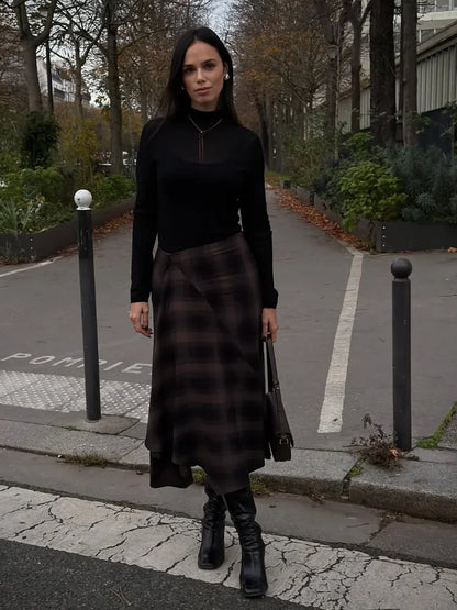 Casual Brown Plaid Midi Skirts Woman Fashion High-waist A-line Pleaded Skirts Party Daily Outdoor Trendy Attire 2026 Spring New