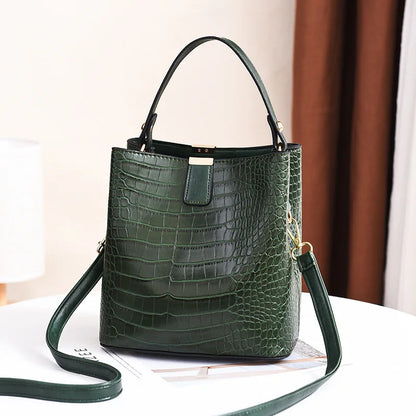 Vintage Stone Leather Handbag Shoulder Crossbody Bags Fashion Female Bucket Bag Large Capacity Women Tote Bag