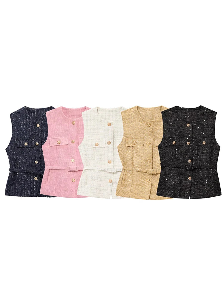 HH 2025 Elegant Women's Texture Belt Waistcoat Summer O-Neck Sleeveless Buttons Vest Jacket Female Slim Commuter Vest Tops