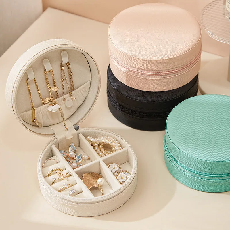 1 Pc PU Leather Jewelry Box Round Jewelry Organizer Case Multicolor Portable Necklace Earrings Rings Display Mini Storage Box