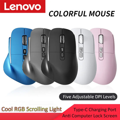 Lenovo 3 Mode Wireless Mouse Bluetooth 5.3+2.4G+Wired Ergonomic RGB Gaming Mouse with Macro Keys Rechargeable for Office Gaming
