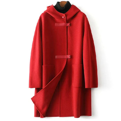 New Fashion Hooded Double-sided POLYESTER Coat Women Autumn Winter Double-sided Woolen Windbreakers Temperament Slim Wool Coats