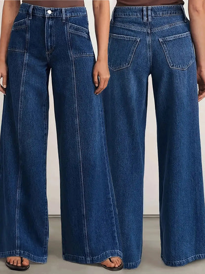 "Women’s Deep Blue Wide Leg Jeans - Stylish Denim Trousers for Comfort and Versatility