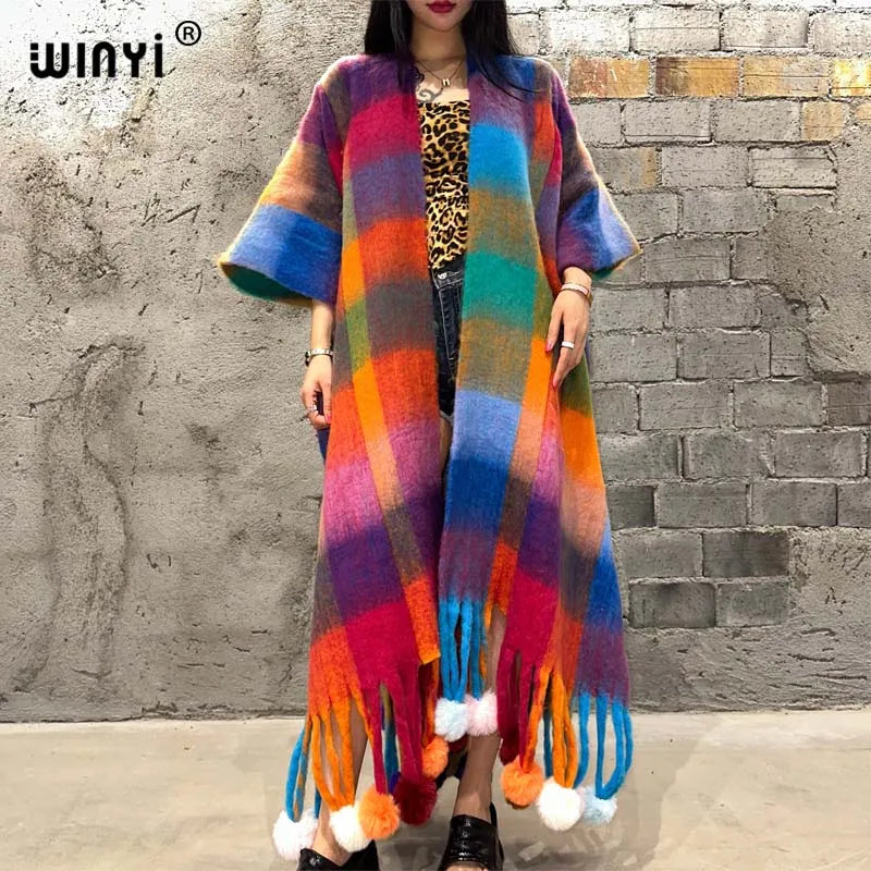 WINYI Winter Plaid color cloak High Quality poncho Long Loose OverCoat Thick Warm Female coat for women Hanging ball cardigan