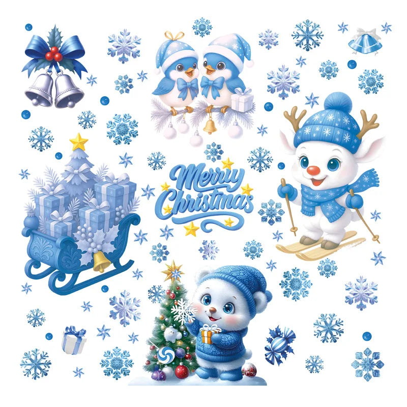 Santa Claus Stickers Blue Snowman Window Decorations Glass Static Stickers Christmas Decorations Snowflake Window Stickers