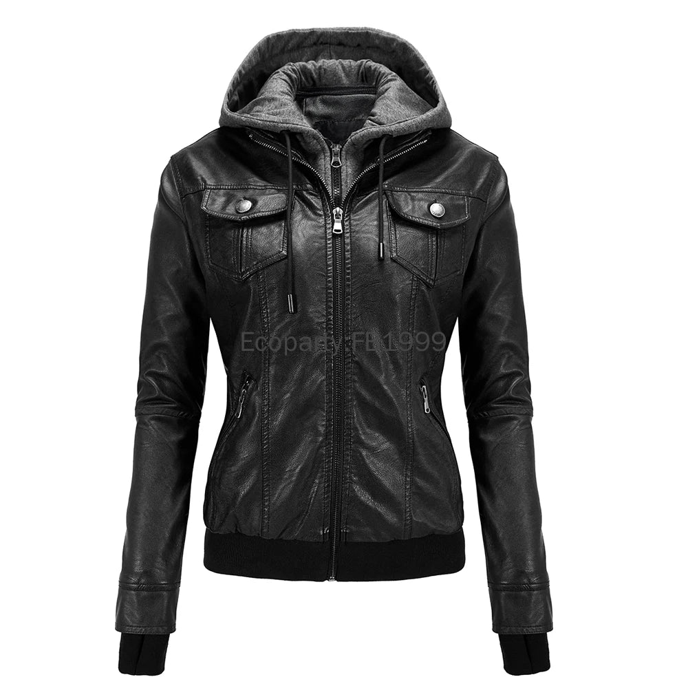 2024 Autumn Winter Women's Motorcycle Jacket Black Slim Pu Leather Removable Hooded Zipper Leather Coat Female Casual Outerwear
