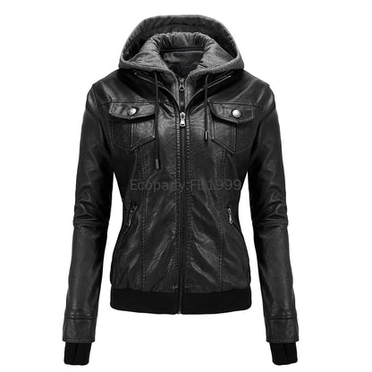2024 Autumn Winter Women's Motorcycle Jacket Black Slim Pu Leather Removable Hooded Zipper Leather Coat Female Casual Outerwear