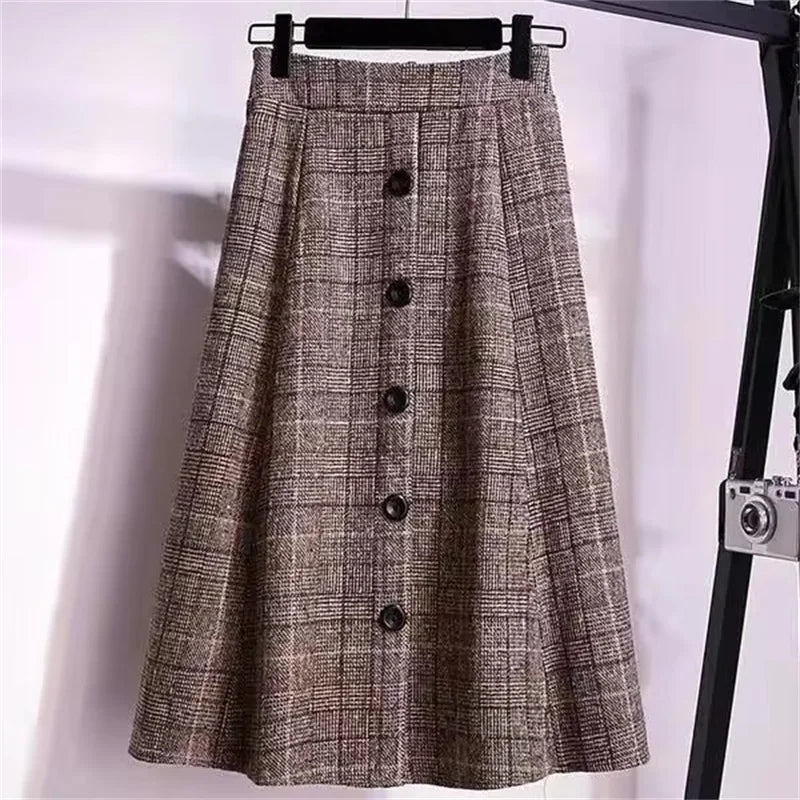 Large Size Women's Autumn Winter Elastic Waist A-line Skirt Woman Skirts Faldas Jupe Korean Retro Plaid Mid-Long Skirts Size 4XL