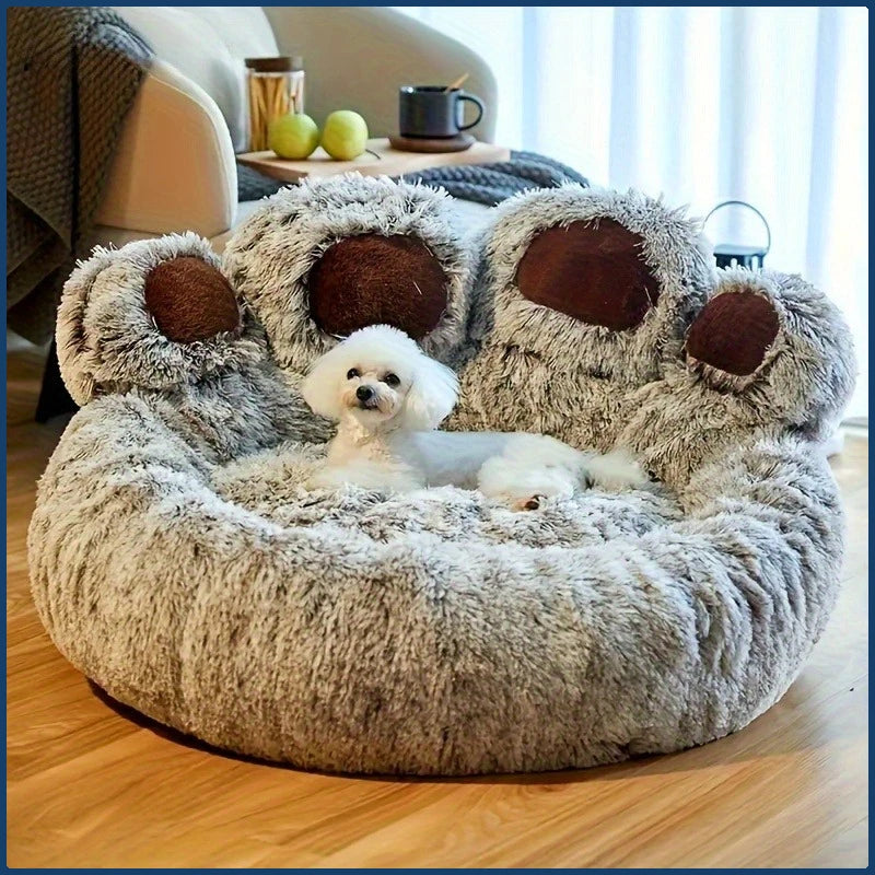 Bear Paw Pet Bed Warm Plush Calming Donut Bed for Medium Dogs Cats,  Anti-Anxiety Puppy Cat Cushion Mat Winter Soft Round Bed