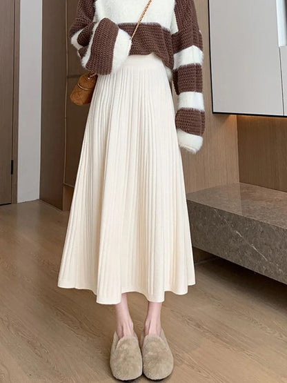 Sweet Vintage Knitted Long Skirts Women Preppy Style High Waist Loose A Line Skirts Fall Winter Retro Simple Elegant Long Skirts