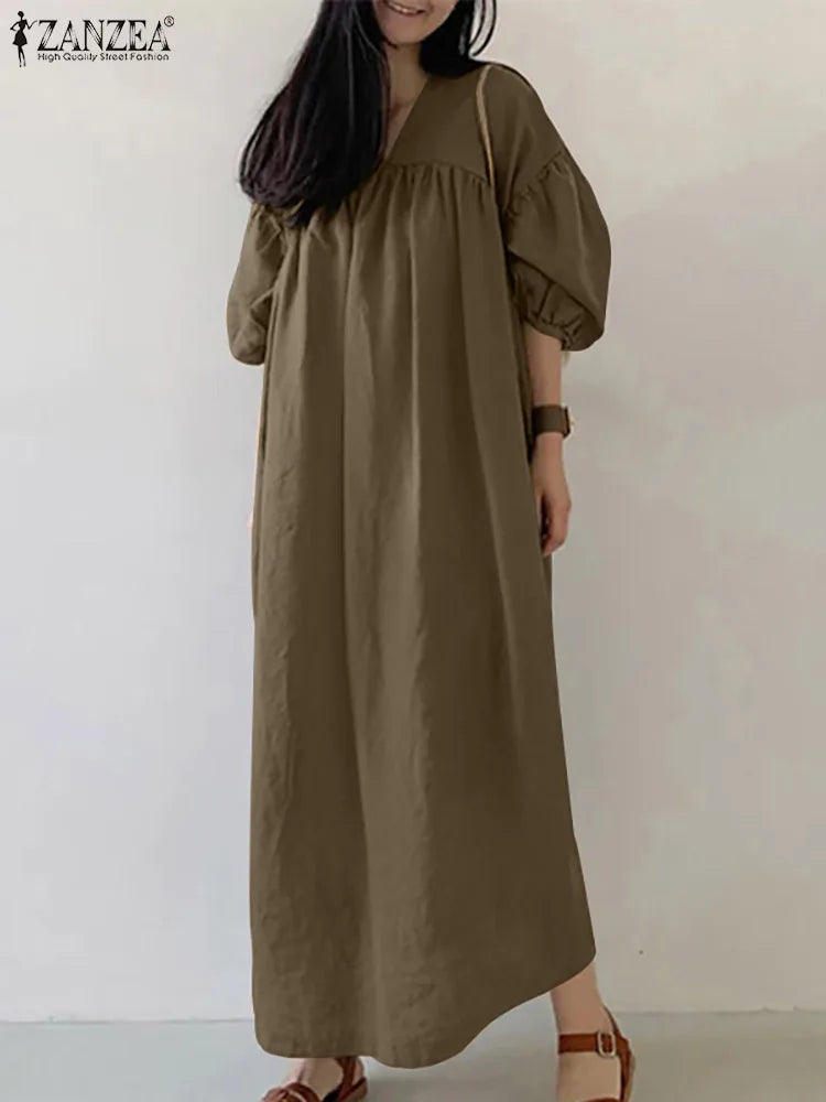 2025 ZANZEA Autumn Maxi Long Dress Women Solid Loose Sundress Pleated Vestidos Fashion Causal Puff Sleeve Holiday Robe Kaftan