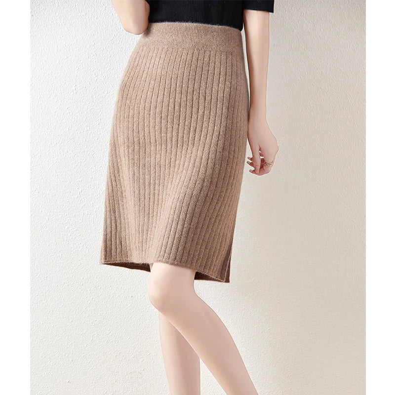Women's Knitted Skirt 100% Merino Wool Sheath Skirt Solid Color Autumn/Winter Fashion Vertical Strip Wrap Hip Skirt Split Skirt
