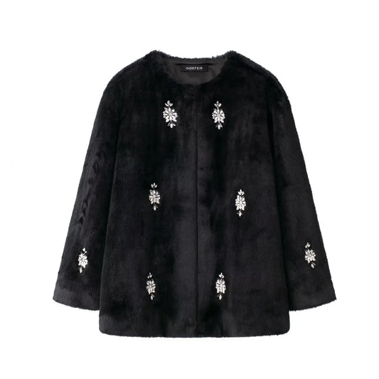 SAW Independent Station Luxury Artificial Fur Jacket Women's Outerwear Crew Neck Short Coat Jewelry Decoration Winter Coat