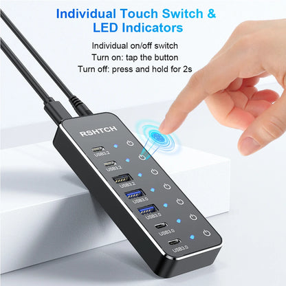 RSHTECH Powered 7 Port 10Gbps Data USB Hubs Individual On/Off  Touch Switches Splitter for Surface Windows PC Laptop Desktop