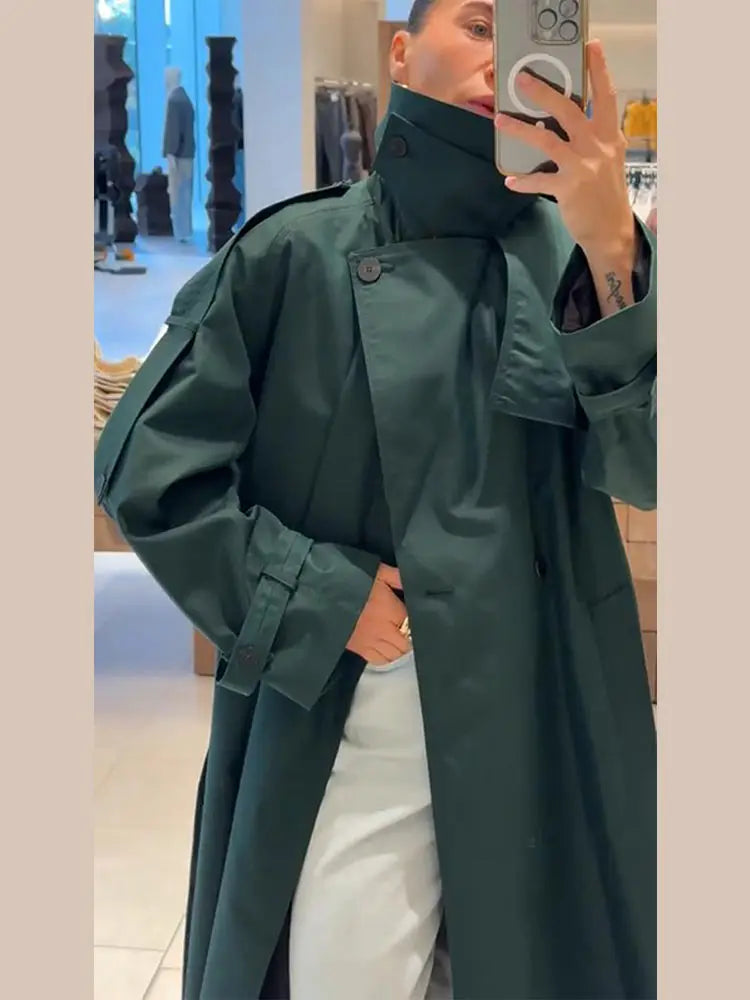 Chic Women's Long Trench Coat Stylish Stand Collar Belted Loose Windbreaker Outerwear Autumn New Dark Green Maxi Overcoat Outfit