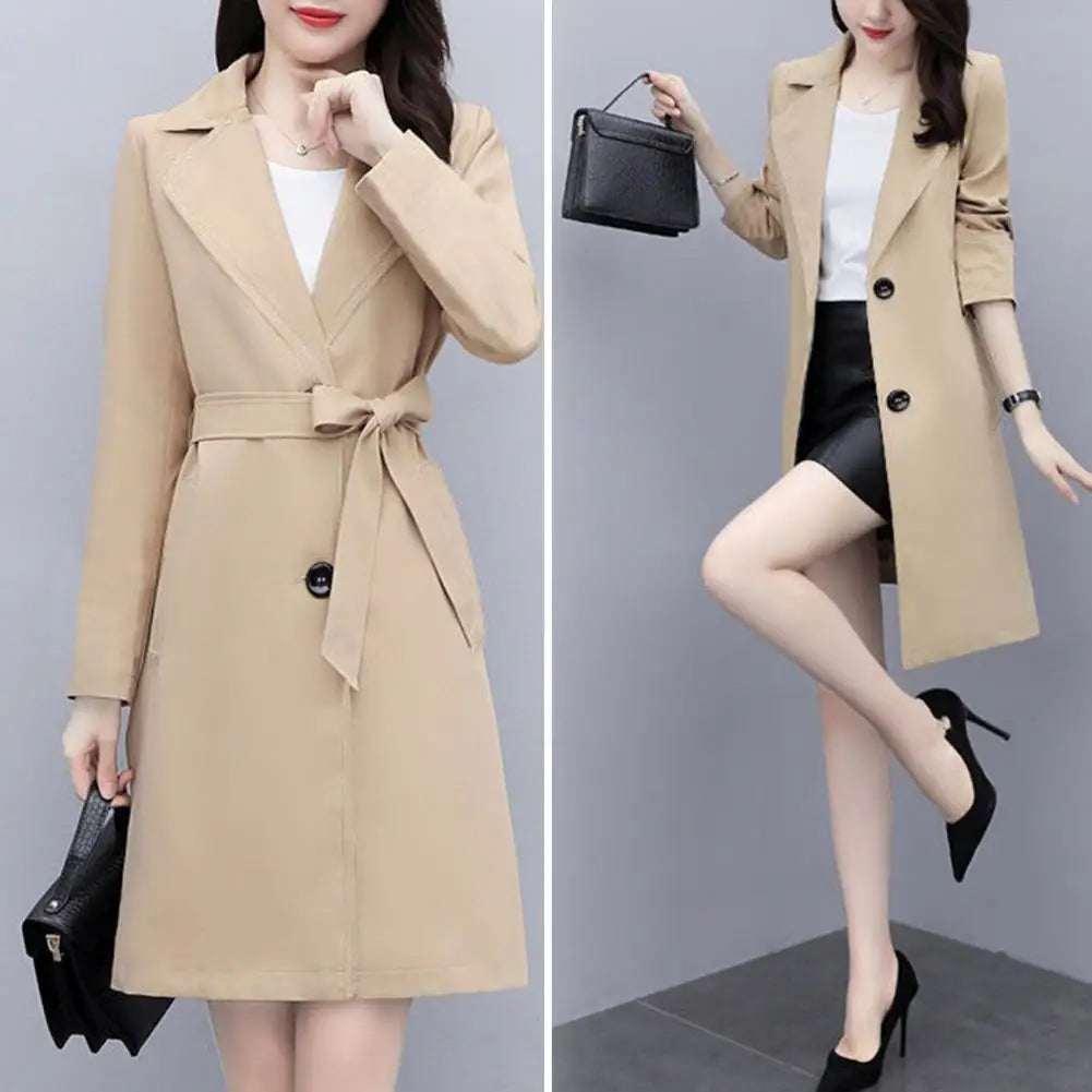 Women Fall Spring Coat Lapel Cardigan Double Buttons Trench Coat Solid Color Mid Length Pockets Business Jacket With Belt