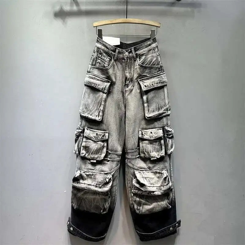 DEAT Women's Jeans Gradient Grey Loose Multiple Pockets Straight Wide Leg Denim Cargo Pants 2026 Summer New Fashion 29L3268
