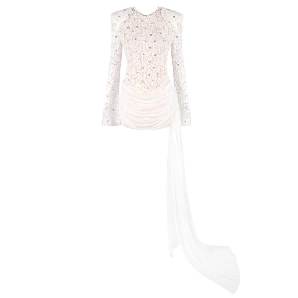 VC Opulent White Sequins Lace Long Sleeves Mini Dress with Structured Padded Shoulders & Dramatic Train