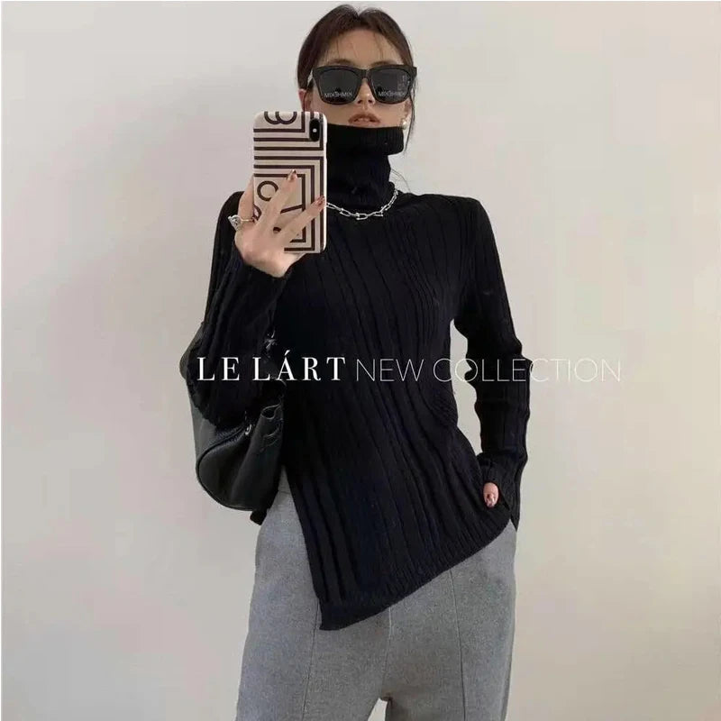 Turtleneck Women Sweater 2021 Autumn Winter New Side Slit Pullover Tops Korean Fashion Knit Sweaters Long Flare Sleeve Basic