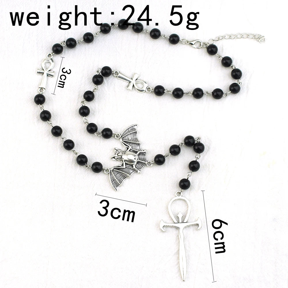 Gothic Bat Cross Rosary Necklace for Women Fashion Mystery Witch Jewelry Accessories Gift Silver Color Bat Charm Vampire Choker