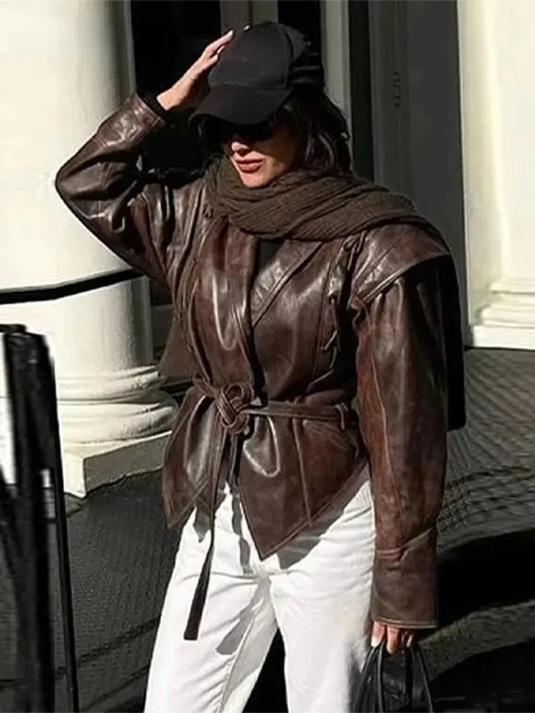 Vintage Leather CroppedJacket for Women With Belt V Neck Button Long Sleeve Motorcycle Coffee Coat 2025 Autumn Ladies Outerwear