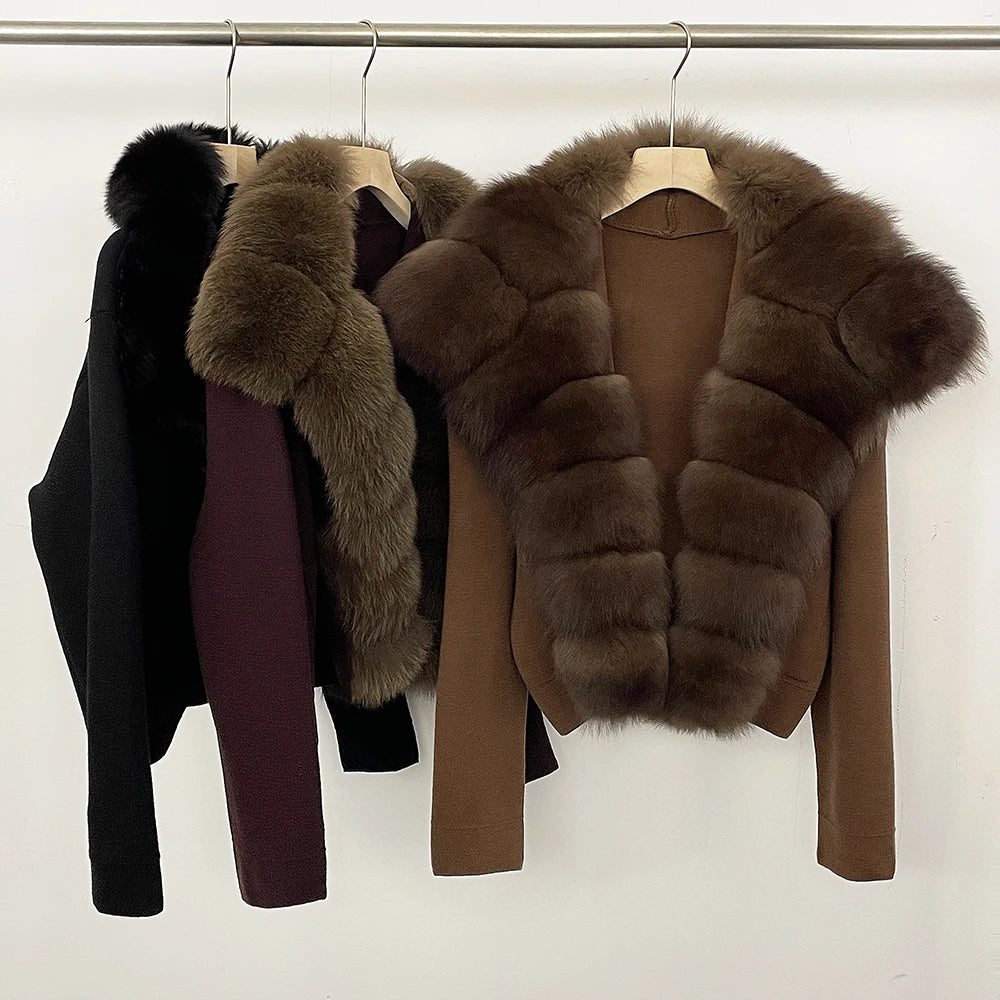 Elegant Knitted Cardigan Women's Sweater Knitting Jacket with Fur and cuffs Knitted Women's Long Sleeve Top Short Sweater