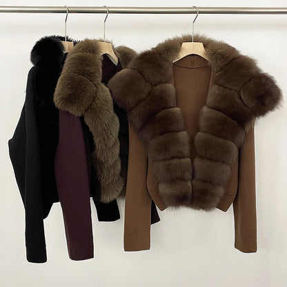 Elegant Knitted Cardigan Women's Sweater Knitting Jacket with Fur and cuffs Knitted Women's Long Sleeve Top Short Sweater