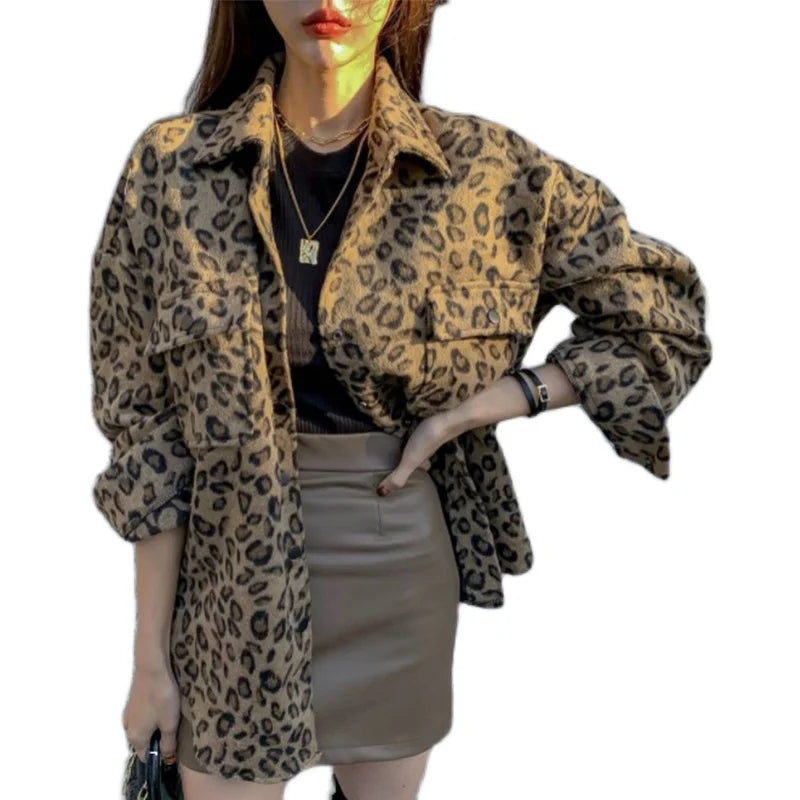Retro Leopard Print Woolen Coat Women's Autumn Winter Thiened Loose Design Sense Faionable irt  Collar Button up