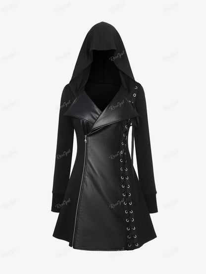 ROSEGAL Plus Size Gothic PU Panel Hooded Coats Black Slim Outwear Turn-down Collar Lace Up Braided Grommet Side Zip Jacket Coat