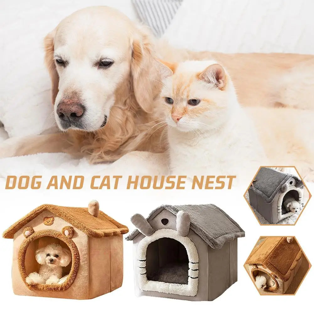 4-Season Universal Pet Bed House, Removable & Washable Plush Warm Dog Cat Cave, Cozy Enclosed Kennel Nest for Small & Medium Dog