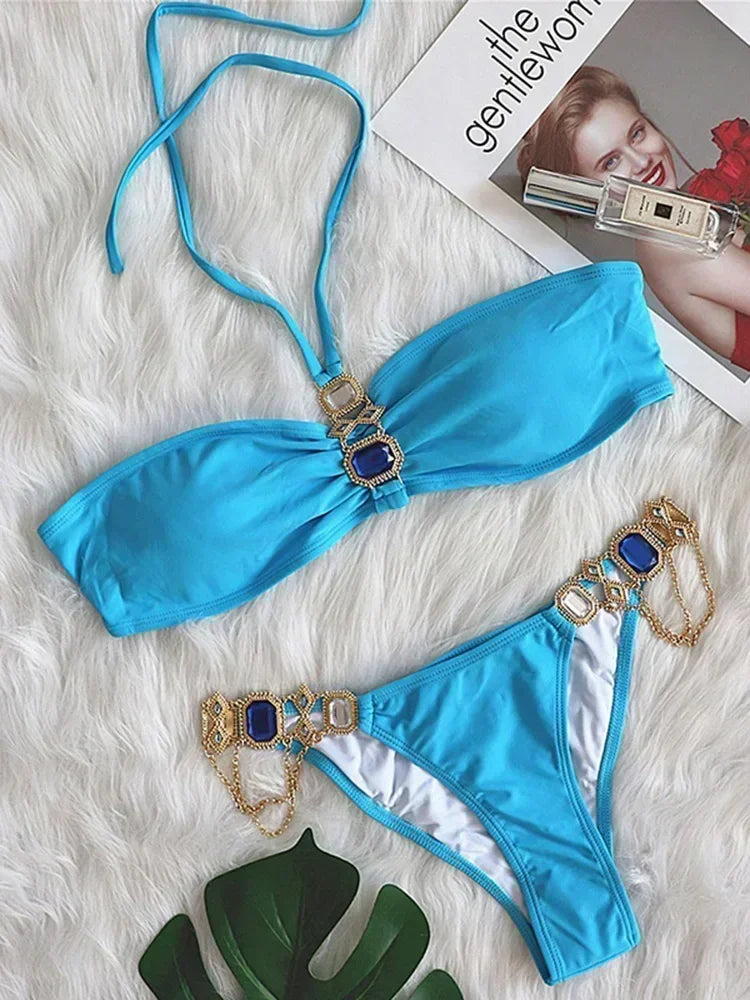 Halter Crystal Rhinestone Diamond Bikini 2025 Female Swimsuit Women Swimwear Two Pieces Bikini set Brazilian Bathing Suit Swim