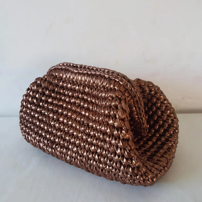 Yingzi Women's Silver Cloth Strip Crochet Clip Bag Woven Underarm Bag Clutch Large Size