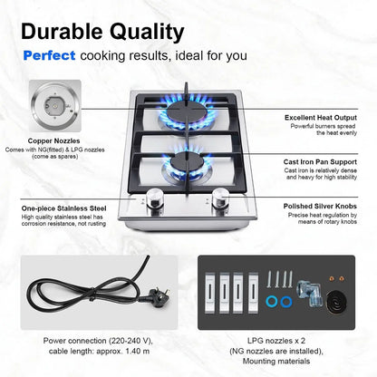 TopStrong 2 Burner 30cm Stainless Steel Kitchen Cast Iron Pan Support Built in NG/LPG Convertible Gas Hob YYUKGCT-S02