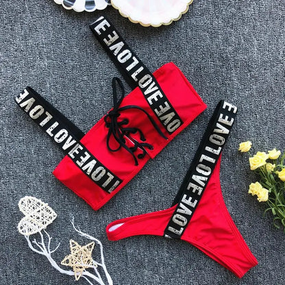 Sexy Red Bikini Set 2025 New Women Letter lace up Bandage Low Waist Swimwear Padded Push Up Swimsuit Beach Bathing Suit Swimming