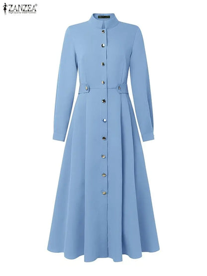 Women's Elegant A-Line Midi Dresses ZANZEA Casual Mock Neck Long Sleeve Button Up Long Dress 2025 Autumn Woman Clothing S-3XL
